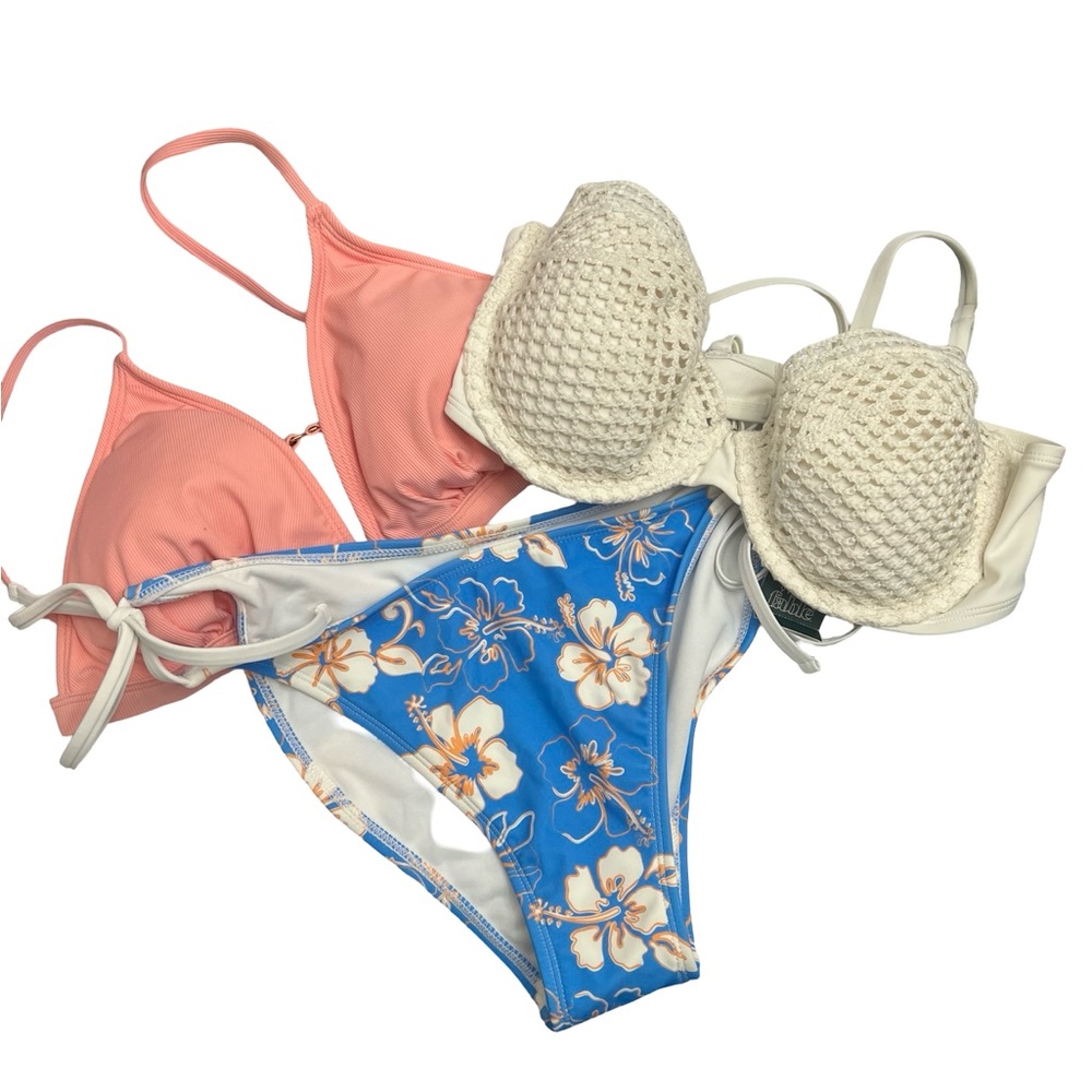 3 piece bikini bundle crocheted top 34D, triangle top XL, tie bottoms XL, NWT